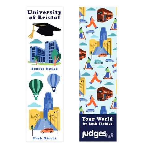 Both sides of a bookmark. One side has the wording "University of Bristol" at the top and below has an artists images of Senate House, hot air balloons and Park Street. On the reverse there is images of people, buses, cars and of Park Steet. 