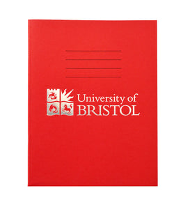 A red exercise book with four thin black lines at the centre top of the book. Below this is the Logo of the University of Bristol and the words "University of Bristol" printed in silver.