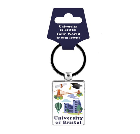 A metal keyring, with the wording "University of Bristol" at the bottom and an artists images of Senate House, Clifton Suspension Bridge, a hot air balloon, a motor board and a graduation scroll