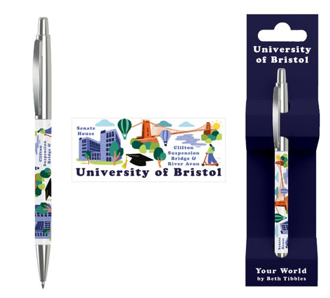 A ballpoint pen pictured with and without its packaging. There is also a picture of the design on the pen, which includes the artists images of Clifton Suspension Bridge, Senate House, a mortar board, hot air balloons and a person on a scooter.