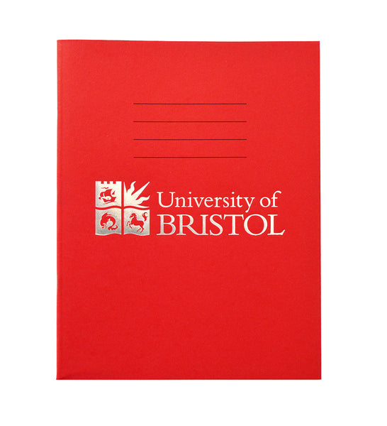A red exercise book with four thin black lines at the centre top of the book. Below this is the Logo of the University of Bristol and the words "University of Bristol" in silver.