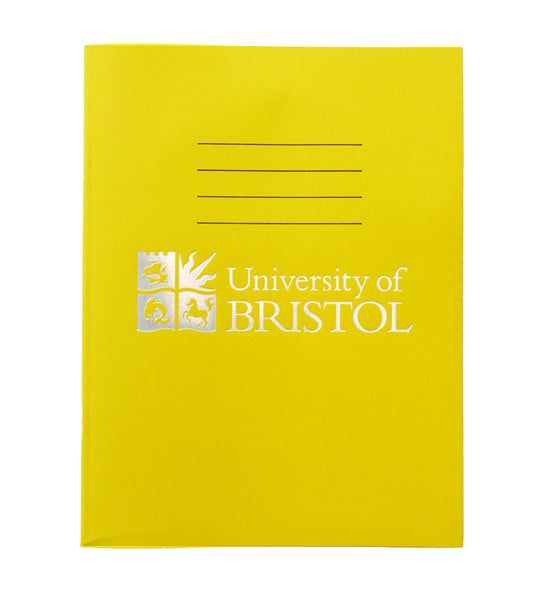 A yellow exercise book with four thin black lines at the centre top of the book. Below this is the Logo of the University of Bristol and the words "University of Bristol" in silver.