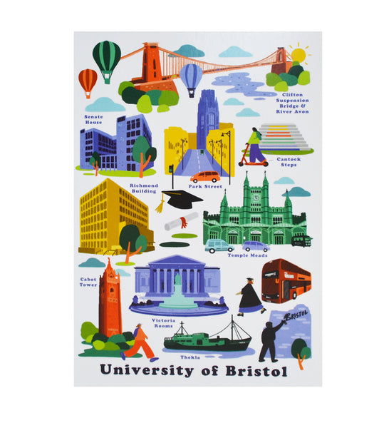 The front of a greetings card, pictured are various Bristol and University of Bristol landmarks, including Clifton Suspension Bridge, Park Street, Cabot Tower and the Victoria Rooms.