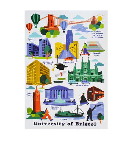 The front of a greetings card, pictured are various Bristol and University of Bristol landmarks, including Clifton Suspension Bridge, Park Street, Cabot Tower and the Victoria Rooms.