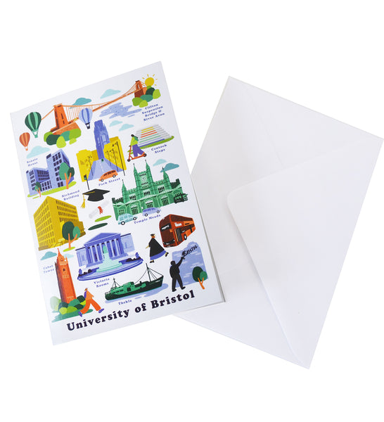 The front of a greetings card, pictured are various Bristol and University of Bristol landmarks, including Clifton Suspension Bridge, Park Street, Cabot Tower and the Victoria Rooms. Also pictured is a white envelope.