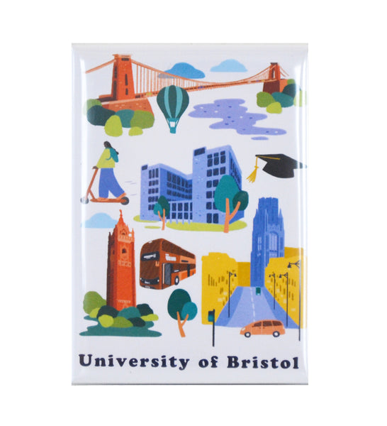 A magnet with pictures of Clifton Suspension Bridge, Senate House, Brandon Tower and Park Street.