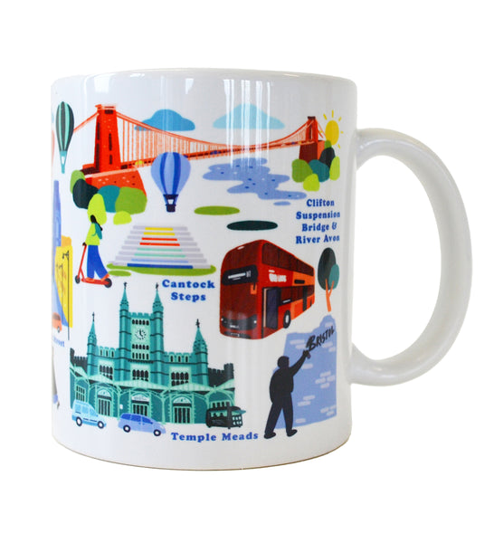 A white mug with the handle on the right hand side. Pictured on the mug are an artists images of the Clifton Suspension Bridge, Temple Meads and Cantock Steps.