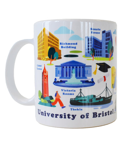 A white mug with the handle on the left hand side. Pictured on the mug are an artists images of the Richmond Building, Cabot Tower, Victoria Rooms, Senate House and Thekla.