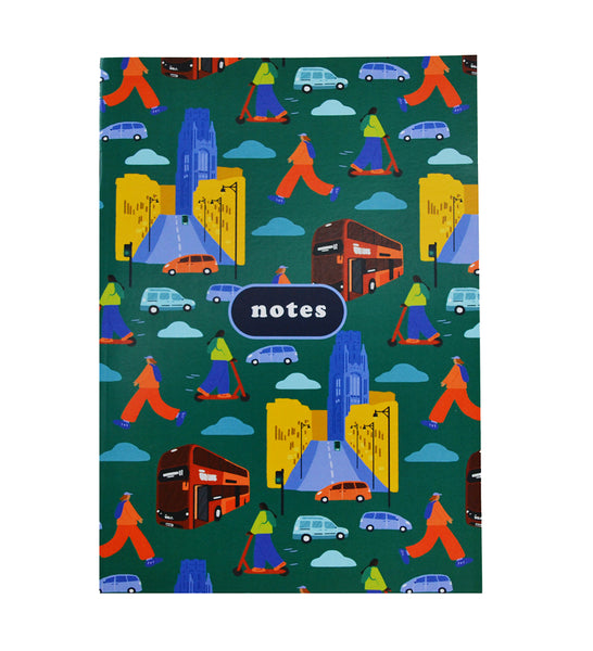 The front of a notebook. There is a text box in the centre of the notebook, with the word "notes" in bubble writing. Pictured are images of Park Street, cars and people. The background of the notebook is green in colour.