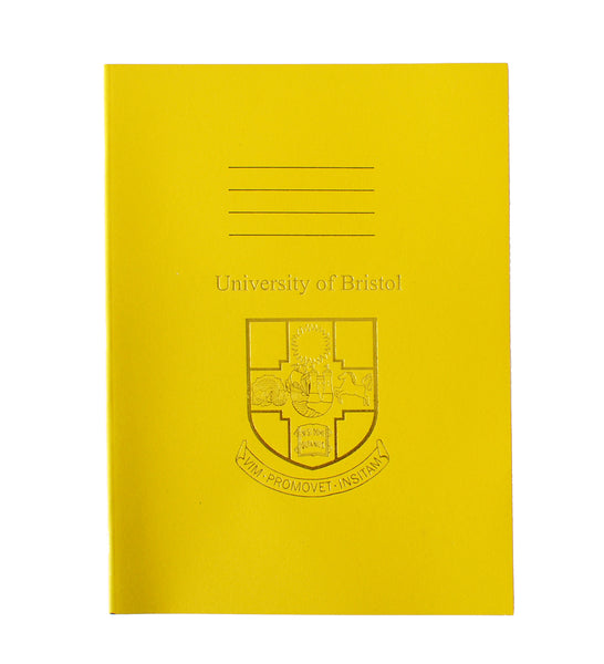 A yellow exercise book with four thin black lines at the centre top of the book. Below this is the words "University of Bristol". Below that is the crest of the University of Bristol printed in gold.