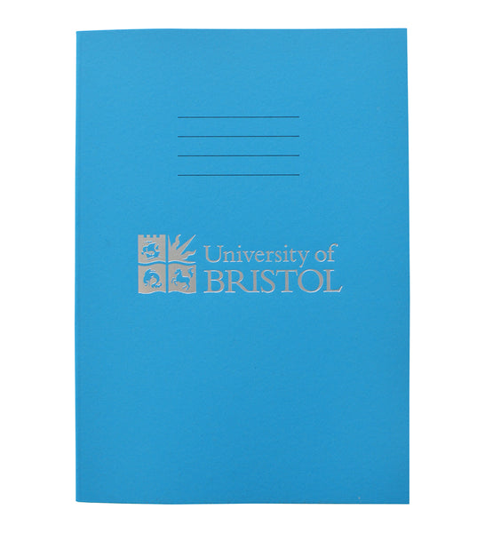 A blue exercise book with four thin black lines at the centre top of the book. Below this is the Logo of the University of Bristol and the words "University of Bristol" printed in silver.