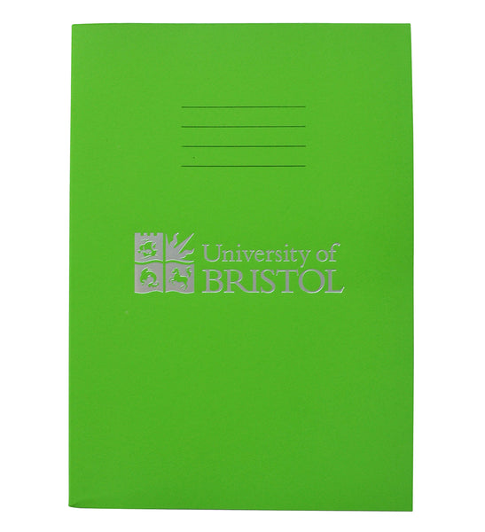 A green exercise book with four thin black lines at the centre top of the book. Below this is the Logo of the University of Bristol and the words "University of Bristol" printed in silver.