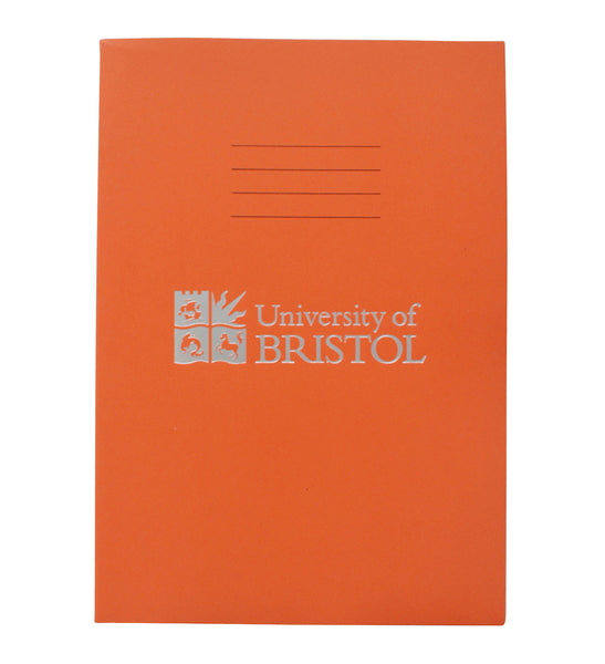 An orange exercise book with four thin black lines at the centre top of the book. Below this is the Logo of the University of Bristol and the words "University of Bristol" printed in silver.