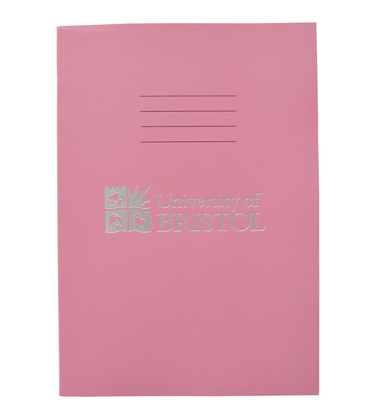 A pink exercise book with four thin black lines at the centre top of the book. Below this is the Logo of the University of Bristol and the words "University of Bristol" printed in silver.