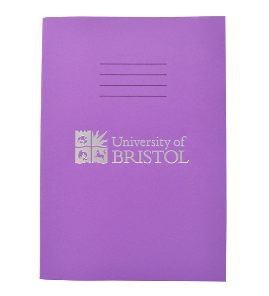 A purple exercise book with four thin black lines at the centre top of the book. Below this is the Logo of the University of Bristol and the words "University of Bristol" printed in silver.