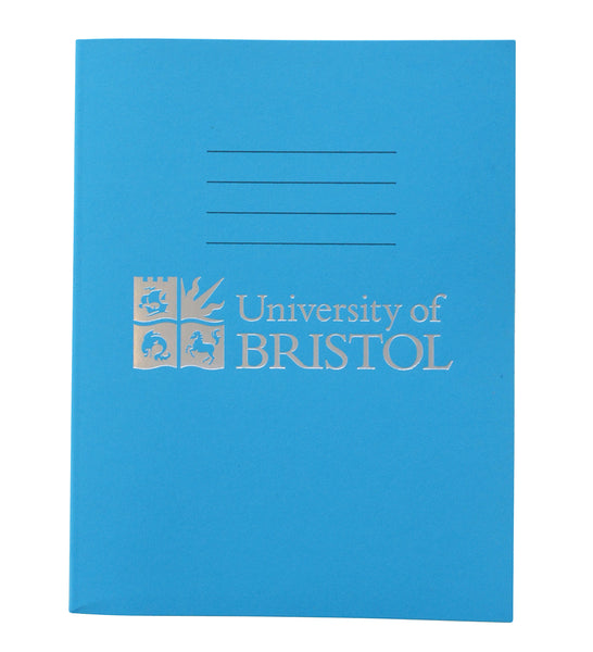 A blue exercise book with four thin black lines at the centre top of the book. Below this is the Logo of the University of Bristol and the words "University of Bristol" in silver.