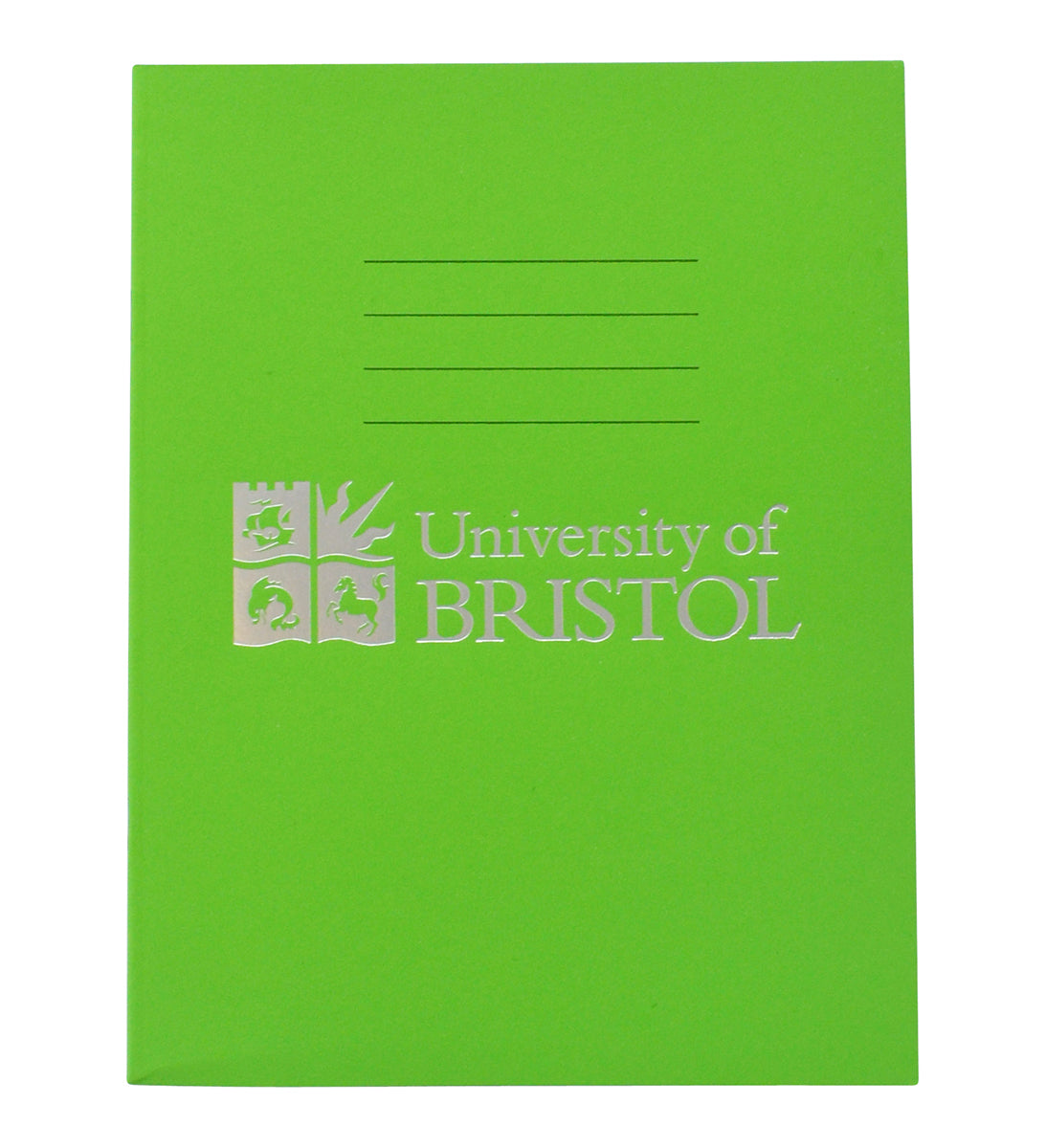A green exercise book with four thin black lines at the centre top of the book. Below this is the Logo of the University of Bristol and the words "University of Bristol" in silver.