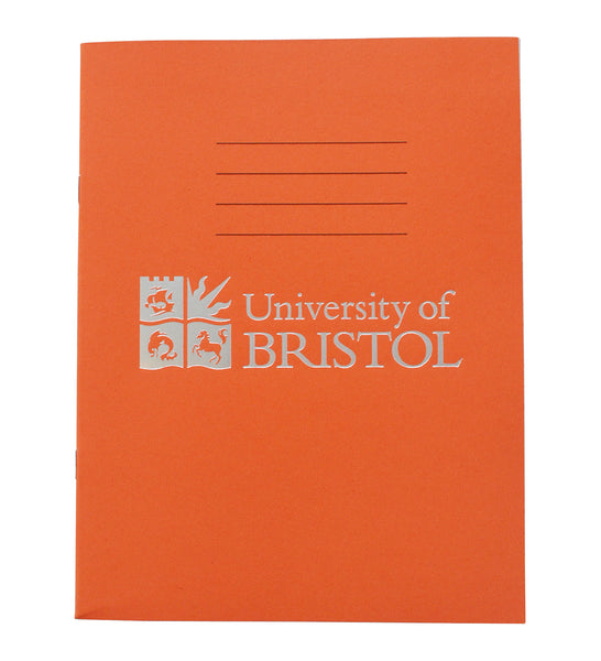 An orange exercise book with four thin black lines at the centre top of the book. Below this is the Logo of the University of Bristol and the words "University of Bristol" in silver.