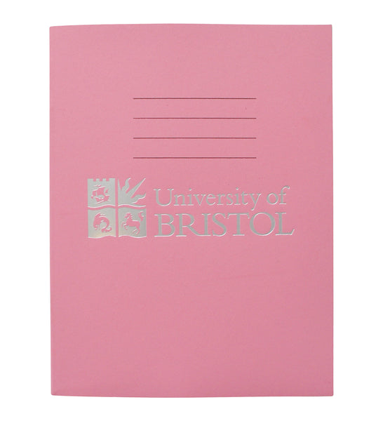 A pink exercise book with four thin black lines at the centre top of the book. Below this is the Logo of the University of Bristol and the words "University of Bristol" in silver.