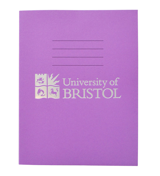A purple exercise book with four thin black lines at the centre top of the book. Below this is the Logo of the University of Bristol and the words "University of Bristol" in silver.