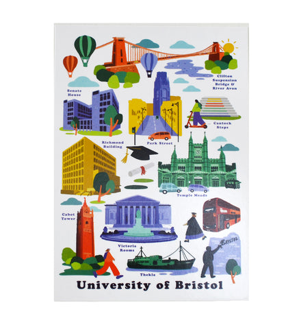 The front of a postcard, pictured are various Bristol and University of Bristol landmarks, including Clifton Suspension Bridge, Park Street, Cabot Tower and the Victoria Rooms.