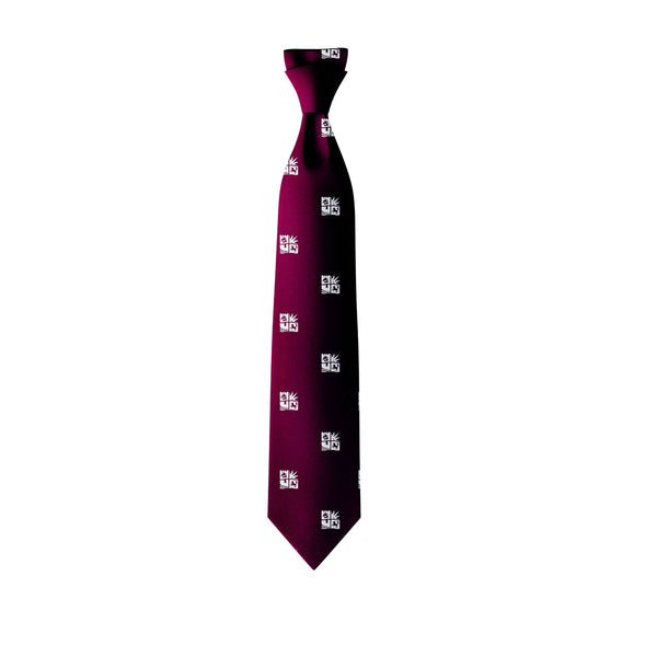 Burgundy tie with white university of bristol logo  pattern on a white background
