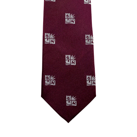 Burgundy tie with white univeristy of bristol logo pattern on a white background