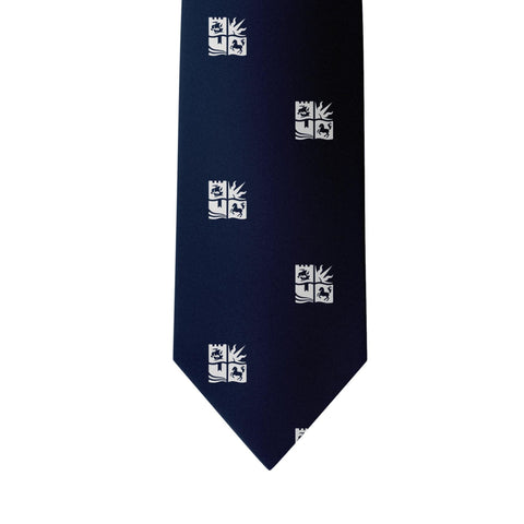 navy tie with  university of bristol logo pattern on a white background 