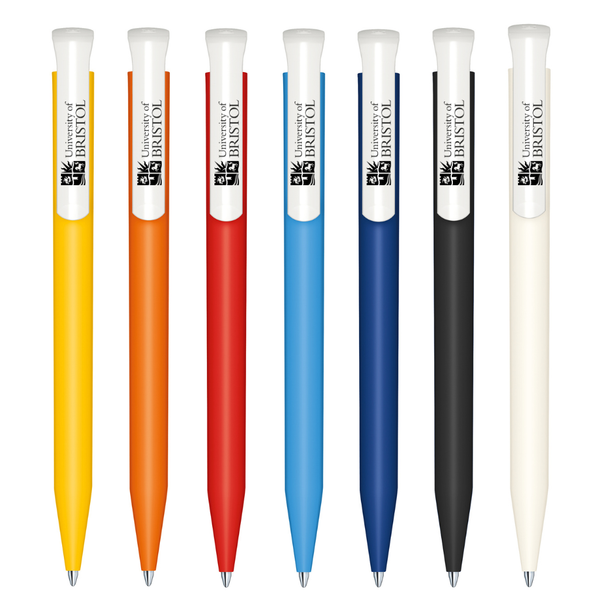 Set of pens with University of Bristol logo in various colors on a white background