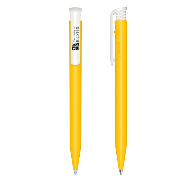 Yellow pen with white accents on a white background