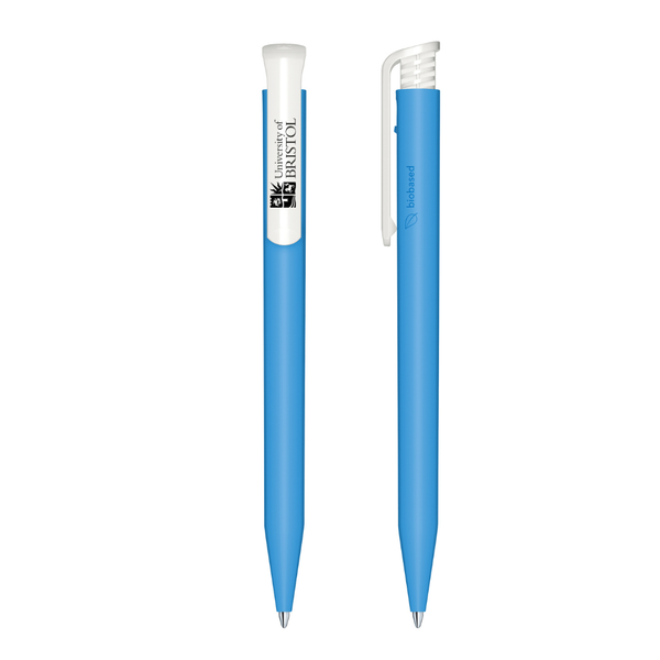 Two blue pens with white accents on a white background