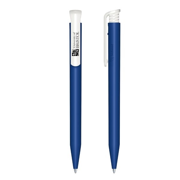 Blue pen with white top on a white background