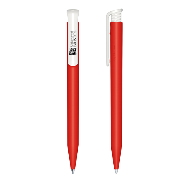 Red pen with a white clip on a white background
