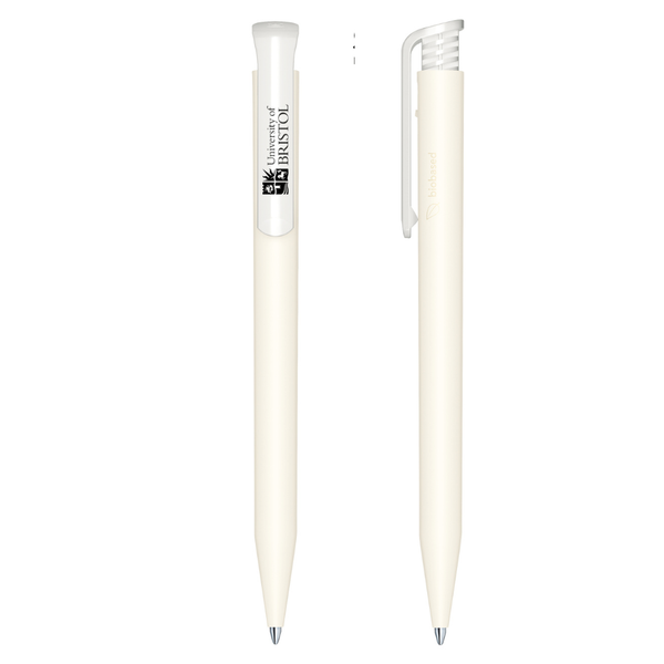 White pen with a visible brand logo on a white background