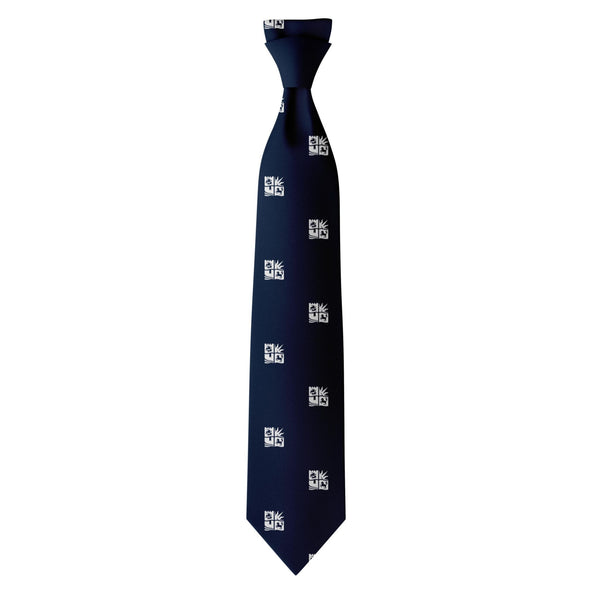 Navy blue tie with white univeristy of bristol logo pattern on a white  background