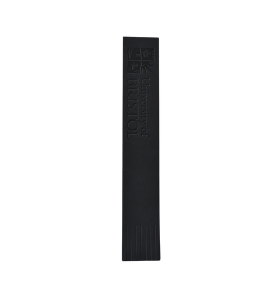 A black bookmark. There is a fringe on one end and the University of Bristol logo and the words "University of Bristol" on the other.